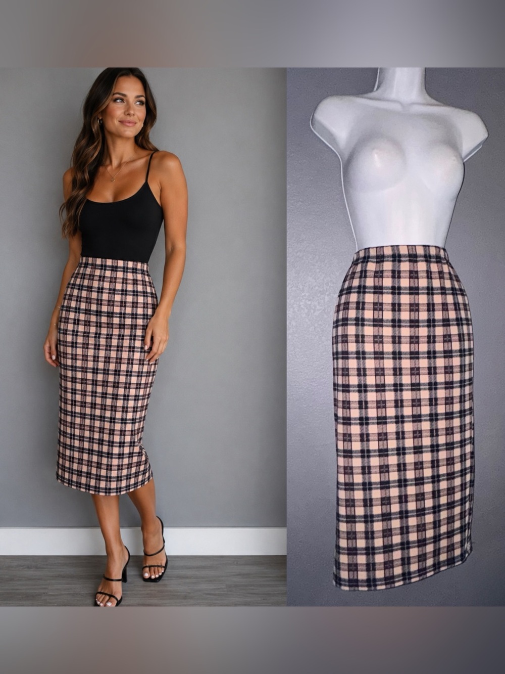 Women's Boutique Plaid Brown Tan Pencil Midi High Waisted Fall Skirt size Large